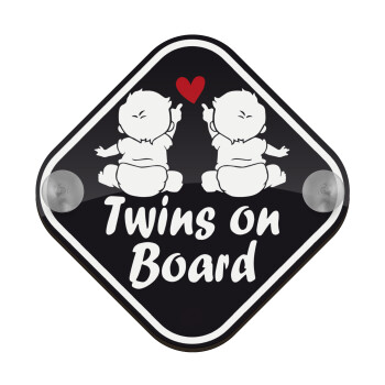 Twins on board καρδούλα, Σήμανση αυτοκινήτου Baby On Board ξύλινο με βεντουζάκια (16x16cm)