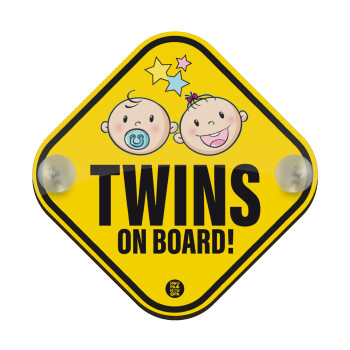 Twins on board, boy and girl, Baby On Board wooden car sign with suction cups (16x16cm)