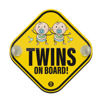 Twins on board, boys, Σήμανση αυτοκινήτου Baby On Board ξύλινο με βεντουζάκια (16x16cm)