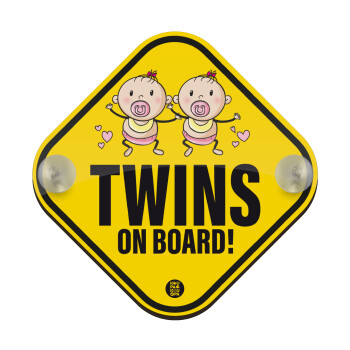 Twins on board, girls, Σήμανση αυτοκινήτου Baby On Board ξύλινο με βεντουζάκια (16x16cm)