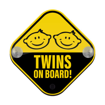 Twins on board babys, Σήμανση αυτοκινήτου Baby On Board ξύλινο με βεντουζάκια (16x16cm)