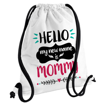 Hello, my new name is Mommy, Backpack pouch GYMBAG white, with pocket (40x48cm) & thick cords