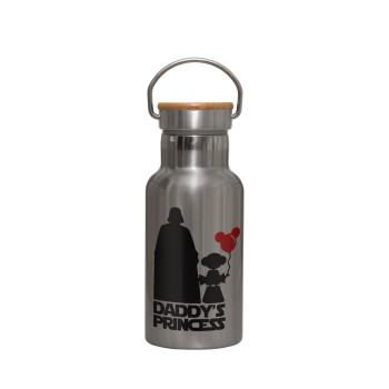 Daddy's princess, Stainless steel metallic thermos flask, silver with a bamboo lid, double-walled, 350ml.