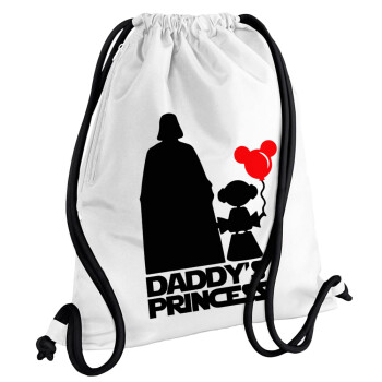 Daddy's princess, Backpack pouch GYMBAG white, with pocket (40x48cm) & thick cords