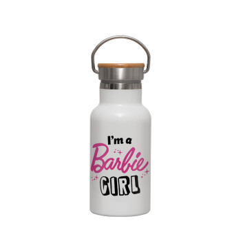 I'm Barbie girl, Μεταλλικό παγούρι θερμός (Stainless steel) Λευκό με ξύλινο καπακι (bamboo), διπλού τοιχώματος, 350ml