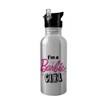 I'm Barbie girl, Παγούρι νερού Ασημένιο με καλαμάκι, ανοξείδωτο ατσάλι 600ml