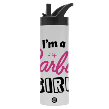 I'm Barbie girl, Metallic thermos bottle with straw & handle, stainless steel (Stainless steel 304), double-walled, 600ml.