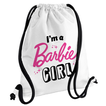 I'm Barbie girl, Τσάντα πλάτης πουγκί GYMBAG λευκή, με τσέπη (40x48cm) & χονδρά κορδόνια