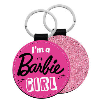 I'm Barbie girl, Μπρελόκ Δερματίνη, στρογγυλό ΡΟΖ (5cm)