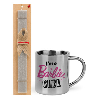 I'm Barbie girl, Easter Set, metallic thermal cup (300ml) & Easter aromatic flat candle (30cm) (GRAY)