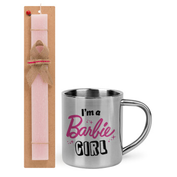 I'm Barbie girl, Easter Set, metallic thermal cup (300ml) & aromatic flat Easter candle (30cm) (PINK)