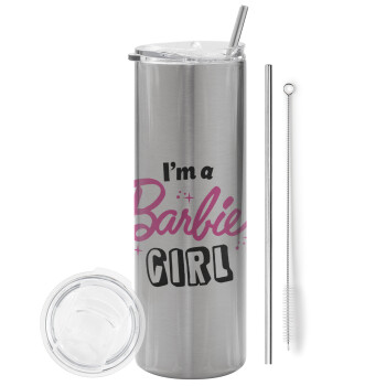 I'm Barbie girl, Eco friendly ποτήρι θερμό Ασημένιο (tumbler) από ανοξείδωτο ατσάλι 600ml, με μεταλλικό καλαμάκι & βούρτσα καθαρισμού