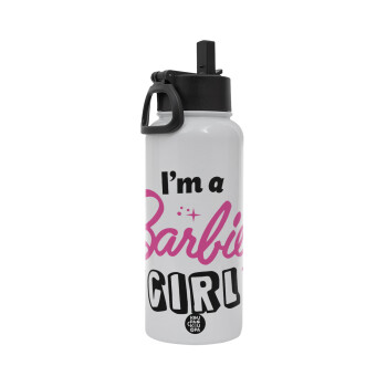 I'm Barbie girl, Metal mug thermo White with Straw and Spout Lid (Stainless steel), double wall, 950ml