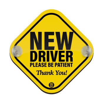 New driver, please be patient!, Baby On Board wooden car sign with suction cups (16x16cm)