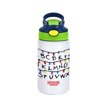Stranger Things ABC, Children's hot water bottle, stainless steel, with safety straw, green, blue (350ml)