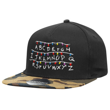 Stranger Things ABC, Adult Flat Snapback Hat Black/Camouflage, (100% COTTON TWILL, ADULT, UNISEX, ONE SIZE)