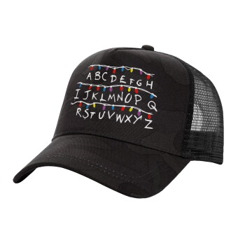 Stranger Things ABC, Adult Structured Trucker Hat, with Mesh, Dark Army (100% COTTON, ADULT, UNISEX, ONE SIZE)