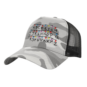 Stranger Things ABC, Καπέλο Ενηλίκων Structured Trucker, με Δίχτυ, (παραλλαγή) Army Camo (100% ΒΑΜΒΑΚΕΡΟ, ΕΝΗΛΙΚΩΝ, UNISEX, ONE SIZE)