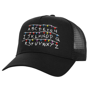 Stranger Things ABC, Structured Trucker Adult Hat, with Mesh, Black (100% COTTON, ADULT, UNISEX, ONE SIZE)