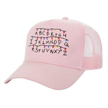 Stranger Things ABC, Adult Structured Trucker Hat, with Mesh, PINK (100% COTTON, ADULT, UNISEX, ONE SIZE)