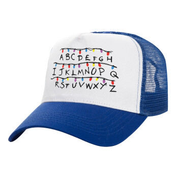 Stranger Things ABC, Adult Structured Trucker Hat, with Mesh, WHITE/BLUE (100% COTTON, ADULT, UNISEX, ONE SIZE)