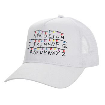 Stranger Things ABC, Structured Trucker Adult Hat, with Mesh, WHITE (100% COTTON, ADULT, UNISEX, ONE SIZE)