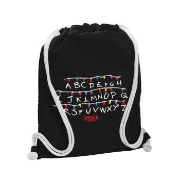 Stranger Things ABC, Backpack pouch GYMBAG Black, with pocket (40x48cm) & thick white cords