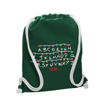 Stranger Things ABC, Backpack pouch GYMBAG BOTTLE GREEN, with pocket (40x48cm) & thick white cords