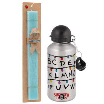 Stranger Things ABC, Easter Set, metallic silver aluminum water bottle (500ml) & scented flat Easter candle (30cm) (TURQUOISE)