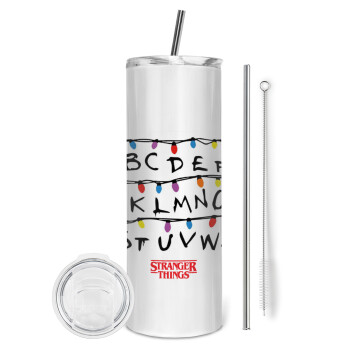 Stranger Things ABC, Tumbler ποτήρι θερμό από ανοξείδωτο ατσάλι 600ml, με μεταλλικό καλαμάκι & βούρτσα καθαρισμού