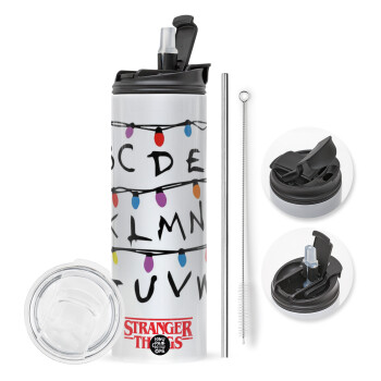 Stranger Things ABC, Travel Tumbler θερμό με διπλό καπάκι, μεταλλικό καλαμάκι και βούρτσα καθαρισμού (Ανωξείδωτο 304 Food grade, BPA free, 600ml)