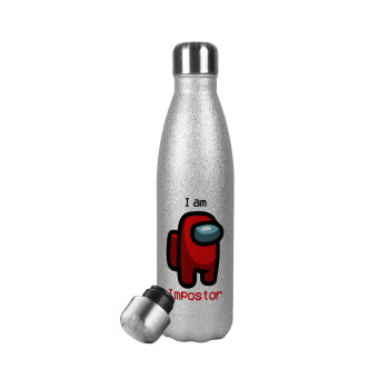 Among US i am impostor, Metallic Glitter Silver Thermos Flask (Stainless steel), double-walled, 500ml