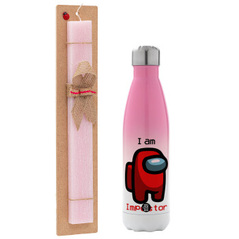 Among US i am impostor, Easter Set, Metallic pink/white (Stainless steel) thermos, double-walled, 500ml & aromatic flat Easter candle (30cm) (PINK)