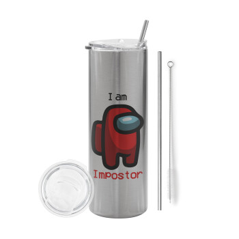 Among US i am impostor, Tumbler stainless steel Silver 600ml, with metal straw & cleaning brush