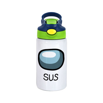 Among US SUS!!!, Children's hot water bottle, stainless steel, with safety straw, green, blue (350ml)