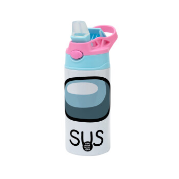 Among US SUS!!!, Children's hot water bottle, stainless steel, with safety straw, Pink/BlueCiel (360ml) BPA FREE