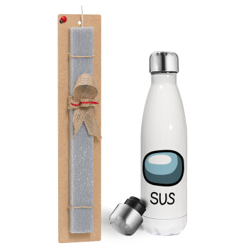 Among US SUS!!!, Easter candle, metallic white thermos bottle (500ml) & aromatic flat candle (30cm) (GRAY)