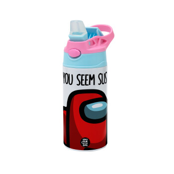 Among US, you seem sus, Children's hot water bottle, stainless steel, with safety straw, Pink/BlueCiel (360ml) BPA FREE