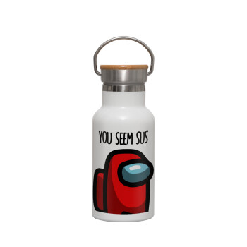 Among US, you seem sus, Metallic thermos (Stainless steel) White with wooden lid (bamboo), double-walled, 350ml