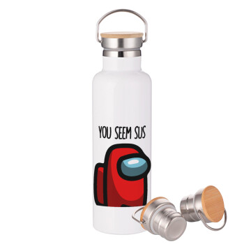 Among US, you seem sus, Stainless steel White with wooden lid (bamboo), double wall, 750ml