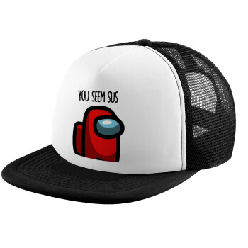 Among US, you seem sus, Child's Soft Trucker Hat with BLACK/WHITE Mesh (POLYESTER, CHILD, ONE SIZE)