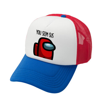 Among US, you seem sus, Adult Soft Trucker Hat with Red/Blue/White Mesh (POLYESTER, ADULT, UNISEX, ONE SIZE)