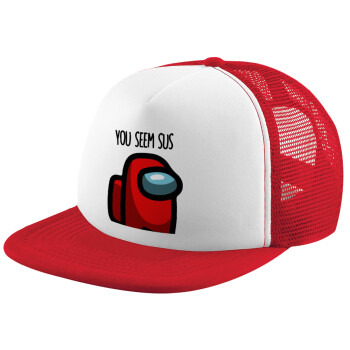 Among US, you seem sus, Children's Soft Trucker Hat with Red/White Mesh (POLYESTER, CHILDREN'S, ONE SIZE)