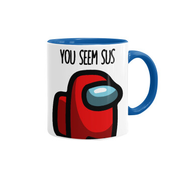 Among US, you seem sus, Mug colored blue, ceramic, 330ml