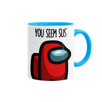 Among US, you seem sus, Mug colored light blue, ceramic, 330ml