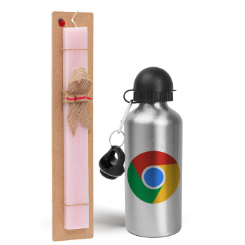 Chrome, Easter Set, metallic Silver aluminum water bottle (500ml) & scented flat Easter candle (30cm) (PINK)