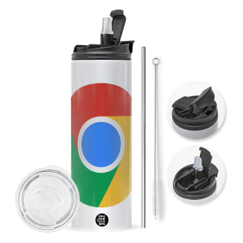 Chrome, Travel Tumbler θερμό με διπλό καπάκι, μεταλλικό καλαμάκι και βούρτσα καθαρισμού (Ανωξείδωτο 304 Food grade, BPA free, 600ml)