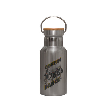 Coffin Dance!, Stainless steel metallic thermos flask, silver with a bamboo lid, double-walled, 350ml.