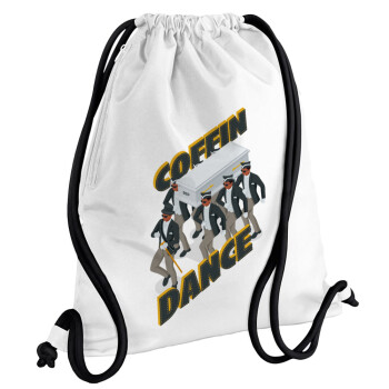 Coffin Dance!, Τσάντα πλάτης πουγκί GYMBAG λευκή, με τσέπη (40x48cm) & χονδρά κορδόνια