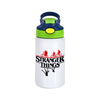 Stranger Things upside down, Children's hot water bottle, stainless steel, with safety straw, green, blue (350ml)